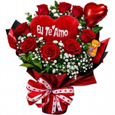 Arranjo Cora��o Apaixonado: Rosas, Pel�cia e Bal�o