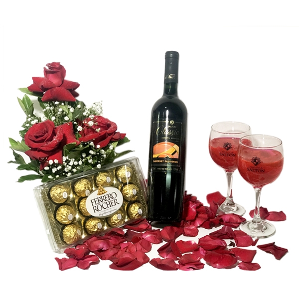 Flores Com Vinho Salton Classic e Chocolate