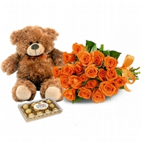 Buqu 24 Orange Roses, Ferrero e Urso