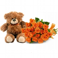 Buqu 24 Orange Roses e Urso