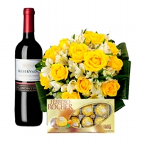 Buque 12 Rosas Amarelas, Vinho Chileno Tinto e Ferrero Rocher