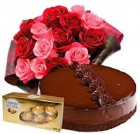 Buque 24 Rosas, Bolo de Chocolate e Ferrero Rocher