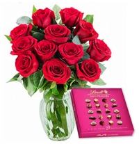 Vaso 12 Luxuosas Rosas Colombianas Red e Box Lindt Pralines