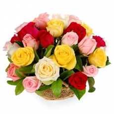 Cesta de Rosas Coloridas Arco Iris