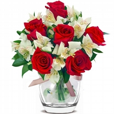 Arranjo de 6 Rosas Vermelhas e Astromlias Bem Querer