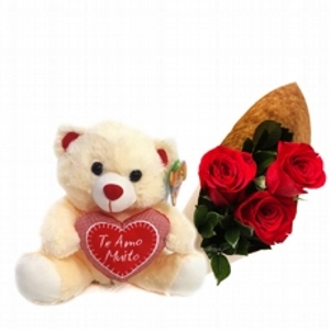 Buque Com 03 Rosas No Papel Kraft Com Urso De Pelucia