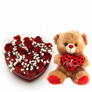 Cora��o Com Rosas Vermelhas Com Urso De Pel�cia 