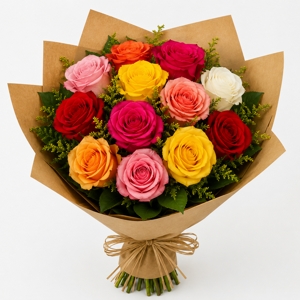 Buqu� com 12 Rosas Coloridas no Kraft
