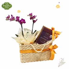 Bolsa de Palha com Mini Orqu�dea e Ovo de P�scoa Avel� 