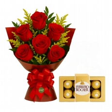  Buqu 6 Rosas Vermelhas Importadas + Ferrero Rocher