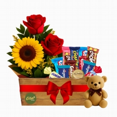 Cesta Doura de Amor, Trio Rosa + Girassol, Chocolates e Ursinho