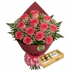 Bouquet Premium 12 Rosas Rosadas com Ferrero 