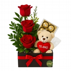 Kit Rosas Vermelhas com Urso de Pelcia e Chocolate Ferrero Rocher