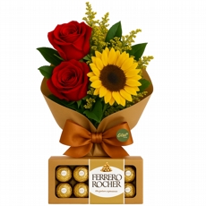 Arranjo de Girassol com 2 Rosas e Ferrero