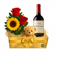 Arranjo com Girass�is e Rosas Vermelhas e Pel�cia e Vinho