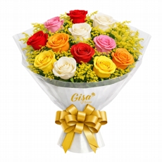 Buqu� Tradicional com 12 Rosas Coloridas 