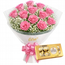 Bouquet Premium 12 Rosas Rosadas com Ferrero 