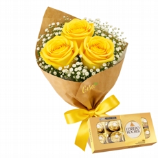 Trio de Rosas Amarelas com Ferrero 