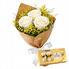 Trio de Rosas Brancas Com Ferrero Rocher 