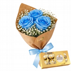 Trio de rosas azuis com Ferrero 