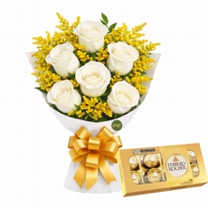 Buque com 6 Rosas Brancas e Ferrero Rocher 