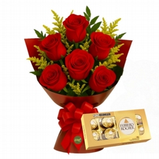 Combo Buqu� 6 Rosas Vermelhas + Ferrero Rocher 