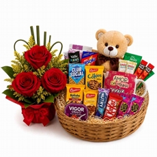 Cesta de Caf� com Urso, Flores e Caneca