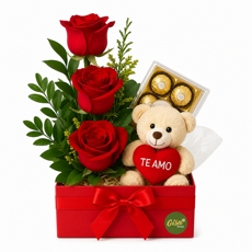 Kit Rosas Vermelhas com Urso de Pel�cia e Chocolate Ferrero Rocher