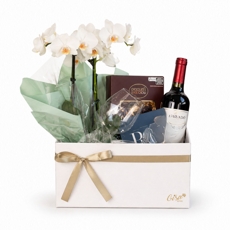 Caixa Presente com Orqu�dea, Vinho e Chocolates Collection � Elegance