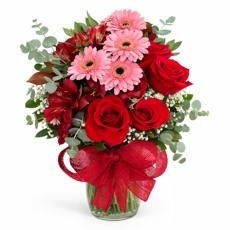 Arranjo de Rosas Colombianas e G�rberas Rosas no Vaso de Vidro