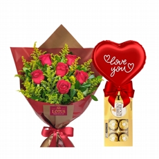 Kit: Buqu de 6 Rosas+Balo com Chocolate Love You 