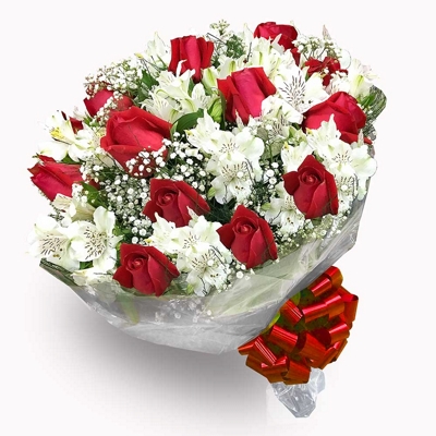 09- Buque de 15 Rosas Vermelhas e Astromélia Branca