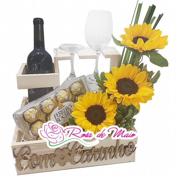 CESTA DE VINHO, CHOCOLATES E GIRASSOL - RM 604 