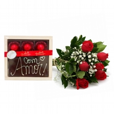 KIT Buqu com 6  Rosas Vermelhas com Amor