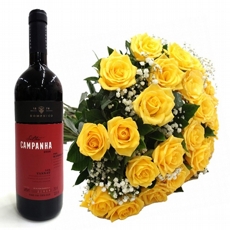 Buqu de Rosas Amarelas Com 30 Unidades Com Vinho  Salton