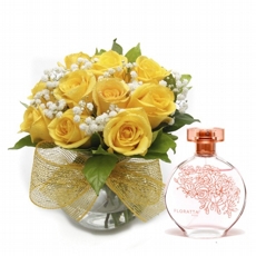 Arranjo De Rosas Amarelas No Vaso de Vidro Com Perfume Floratta Rose