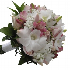 Buque de noiva orqudea branca e alstromelias cor de rosa