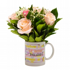 Arranjo de Rosas Cor de Rosa- Caneca Angel e Stitch
