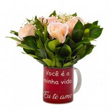 Arranjo de Rosas Cor de Rosa- Caneca Voc� � Minha Vida