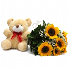 Buque de Girassol com Urso de Pelucia  6 Unidades