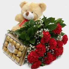 Buqu de Cravos Vermelhos com Urso de Pelcia e Chocolate