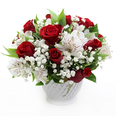 Rosas Vermelhas com Astromélias Brancas