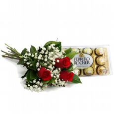 Buqu Trs Rosas Vermelhas  e Ferrero Rocher - 12 Und