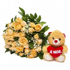 Buqu De Rosas Champagne E Pelcia-30 rosas