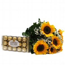 Buqu com 6  Girassois e  com Ferrero Rocher de 12 unidades